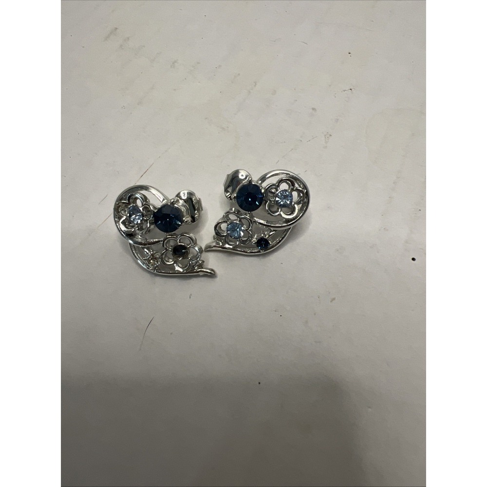 Coro Navy Light Blue Rhinestone Earrings Clip Silver Tone Signed VTG